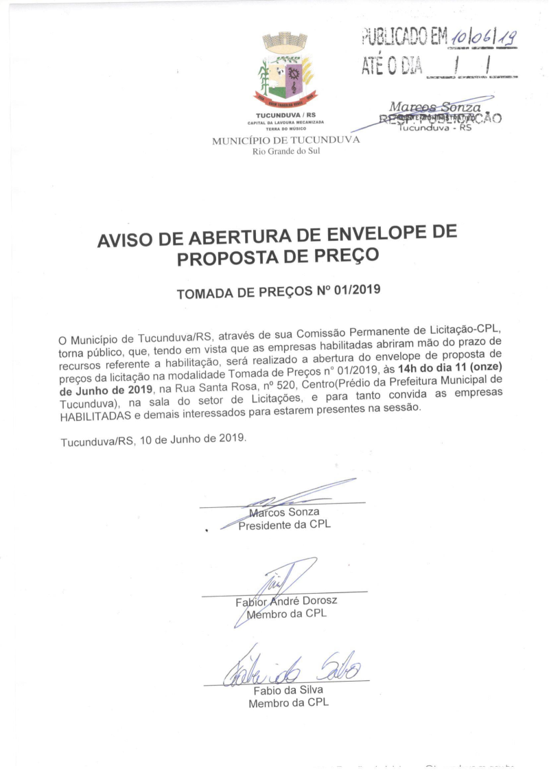 AVISO DE ABERTURA DE PROPOSTAS DE PREÇOS TP 01_2019